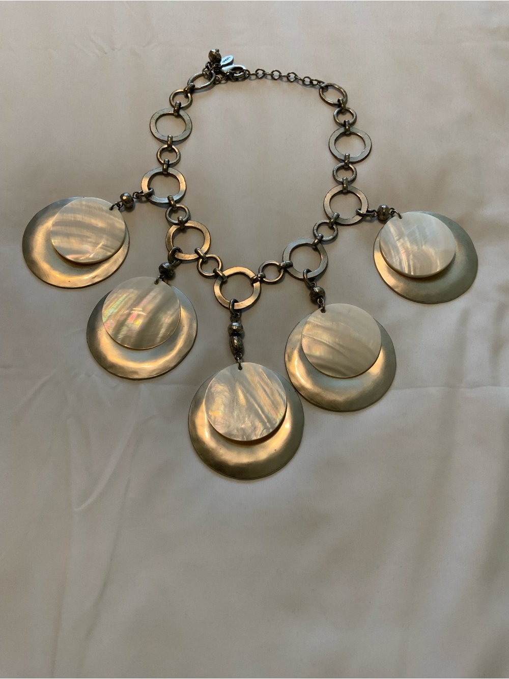 Chicos Statement Iridescent Disc Bib Necklace - Silver Toned, Heavy